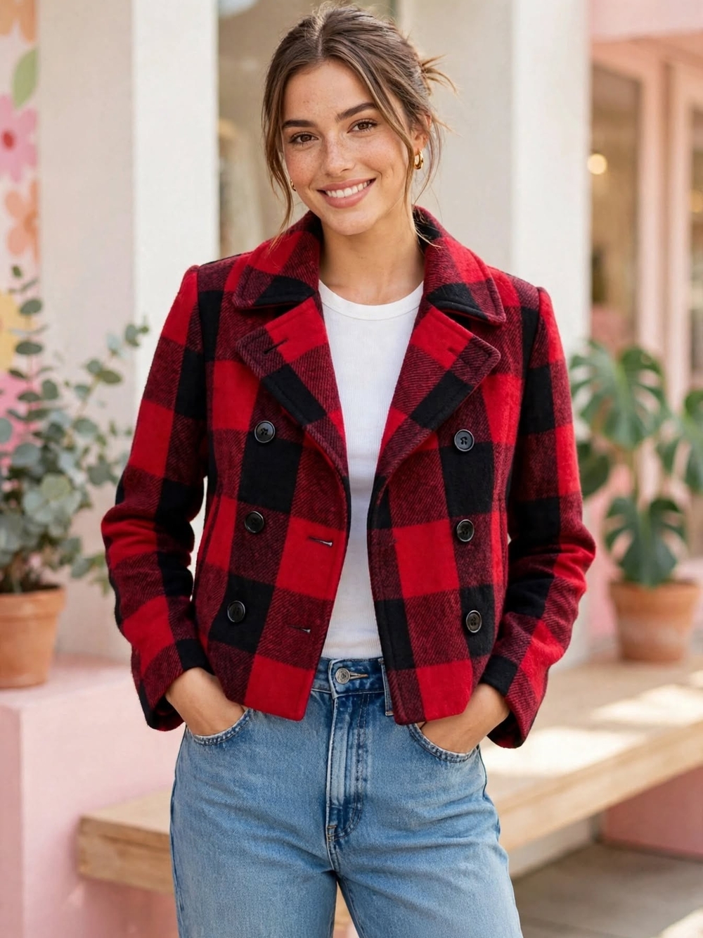 Relativity Red Black Buffalo Plaid Wool Peacoat Size L Double Breasted